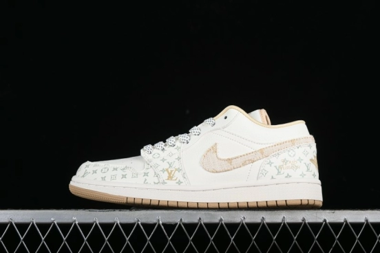 Nike Air Jordan 1 Low AJ1 Louis Vuitton Print Khaki Custom High-End Low-Top Basketball Shoes - SJ9950-004