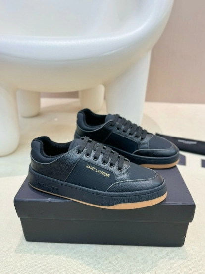 2024 Unisex Yves Saint Laurent Black Silk Leather Casual Shoes Embossed Logo MJ00350