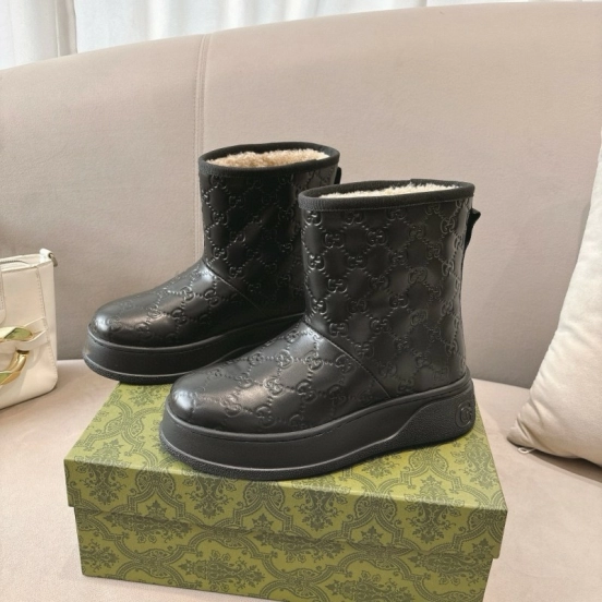 2024 Women Gucci Black Leather Suede Shearling Snow Boots MJ00350