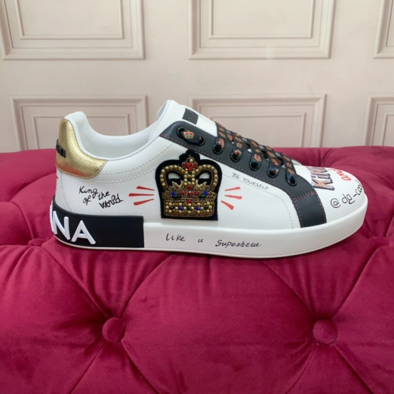 2025 Unisex Dolce & Gabbana White Black Gold Leather Sneakers Embroidered LY00340(F)/LY00360(M)