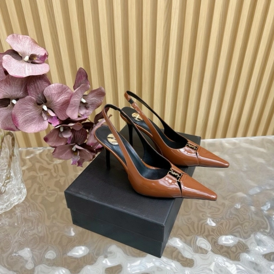2025 Women Yves Saint Laurent Brown Patent Leather Slingback Heels