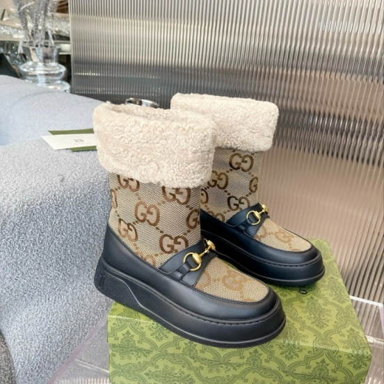 2024 Women Gucci Beige Brown Leather Shearling Snow Boots MJ00420
