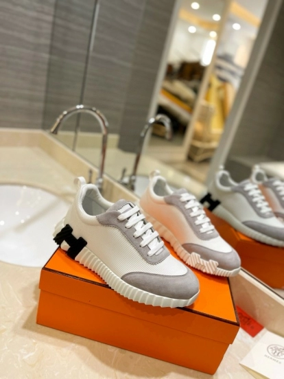 2024 Unisex Hermès White Gray Suede Mesh Sneakers MJ00320