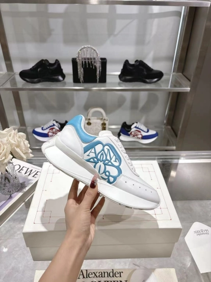 2025 Women Alexander McQueen White Blue Leather Sneakers LY00340