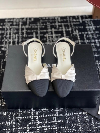 2025 Women Chanel Black Beige Silk Leather Sandals Bow KFY00289