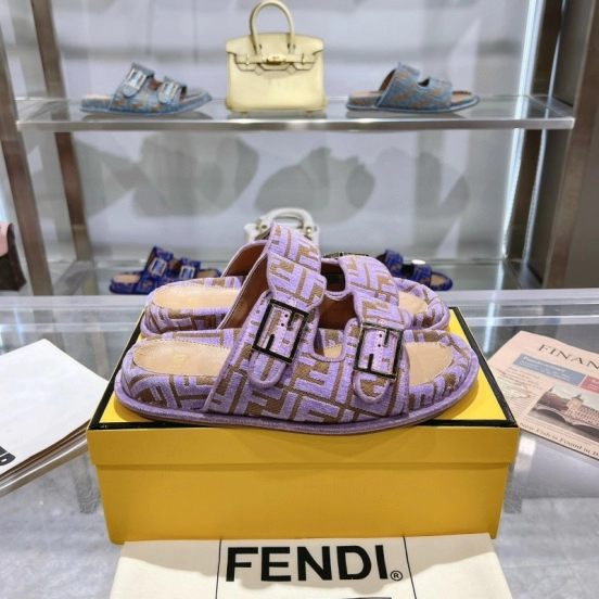 2025 Slippers Fendi Purple Fabric Buckle FF Jacquard MJ00230
