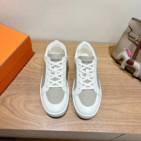 2025 Unisex Hermès White Light Grey Leather Fabric Sneakers AS00380