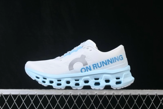 On Cloudmonster 3 Cushioned Running Shoes – White/Light Blue with Silver-Grey Logo