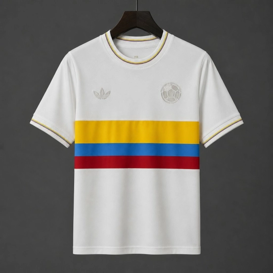 Retro 1990 Colombia White With Tricolor Stripes Away Jersey