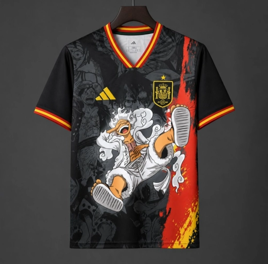 2026 Spain Special Edition Black Red and Yellow Gear 5 Luffy Anime Graphic Soccer Jersey