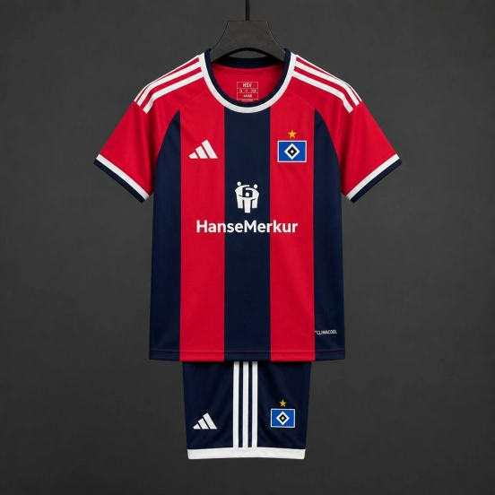 26/27 Kids Hamburger SV Third Red Black Stripes Jersey Kit