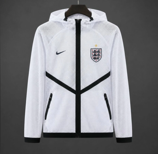 2026 England White Mesh Anthem Full Zipper Hooded Windbreaker Jacket