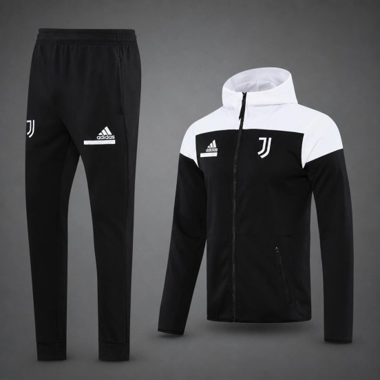 26/27 Juventus  Black/White Full Zipper Hooded Jacket Tracksuit + Long Pants